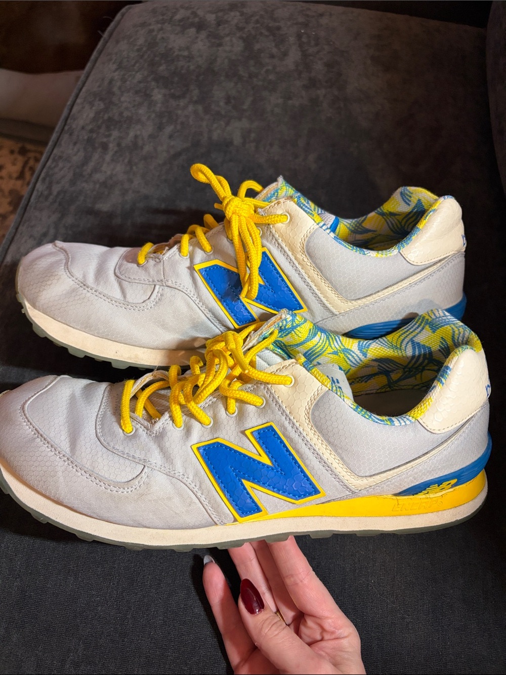 New Balance 574 White, Blue & Yellow Athletic Sneakers